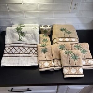 Vintage Tropical Palm Tree Bath Set  3 Bath & 3 Hand & 4 Wash & Toothbrush